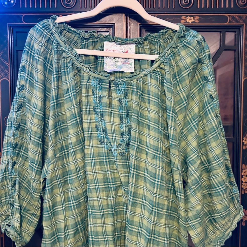 Perdian Chic Artisan Collection Green Cotton Plaid Embroirdered Top Size 26/28 - Picture 8 of 11